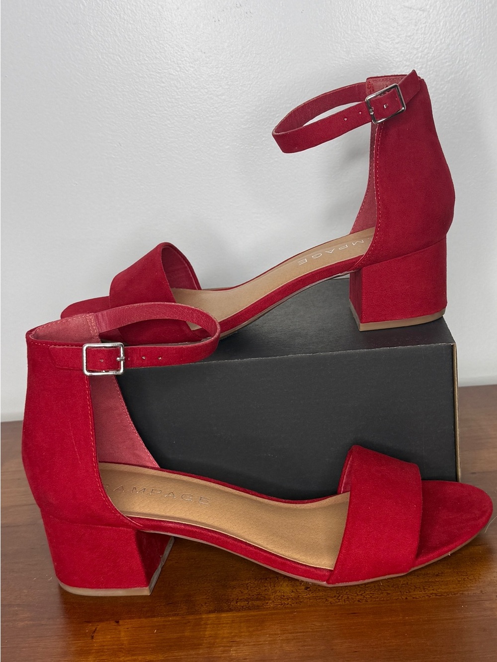 Rampage Red Suede Block Heel Sandals with Ankle Strap - Picture 2 of 10